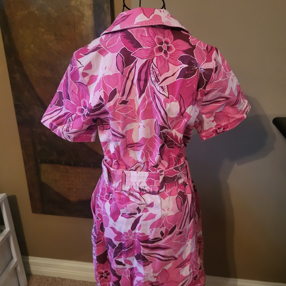 Pink Floral Belted Shirt Dress with Collar - Picture 4 of 5